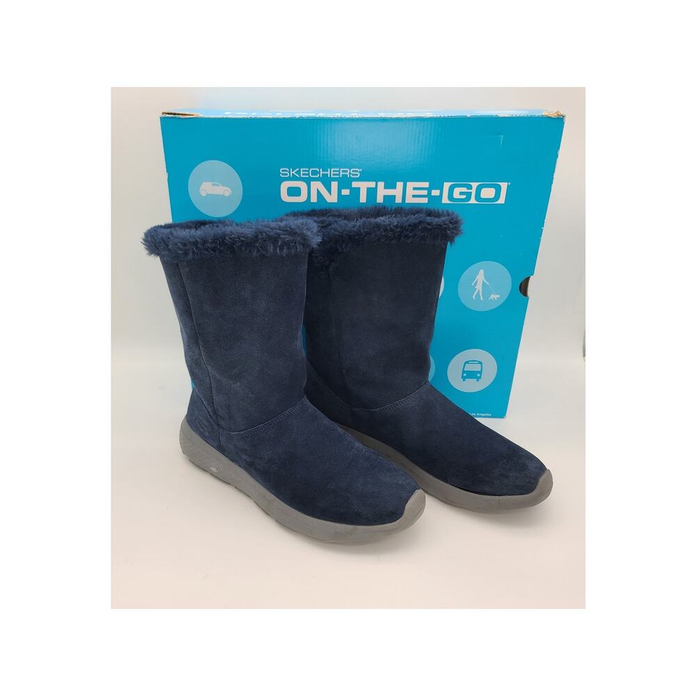 Skechers Boots Women 9.5 On The Go City 2 Mid Pull On Blue/Gray Faux Fur IN BOX